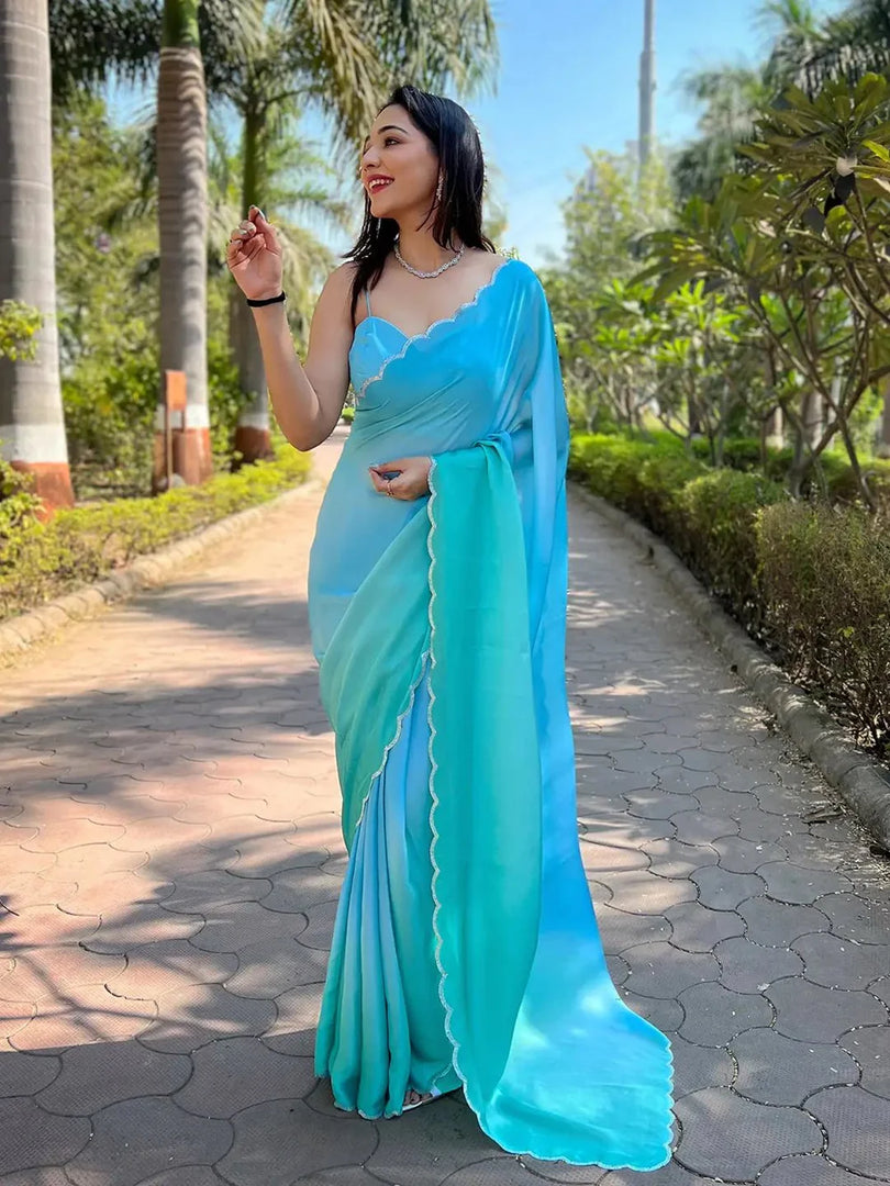 Sky Blue Satin Georgette Saree