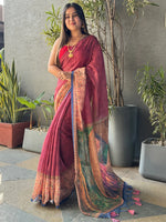 Load image into Gallery viewer, Burgundy Colour Ikkat Print Saree With kalamkari Block Print Design

