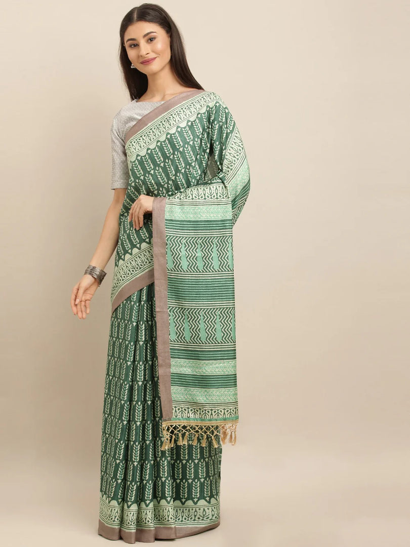 Green & Brown Linen Blend Printed Bagru Saree