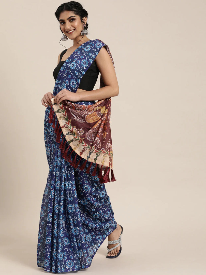 Celebrity Blue & Burgundy Bagru Printed Saree