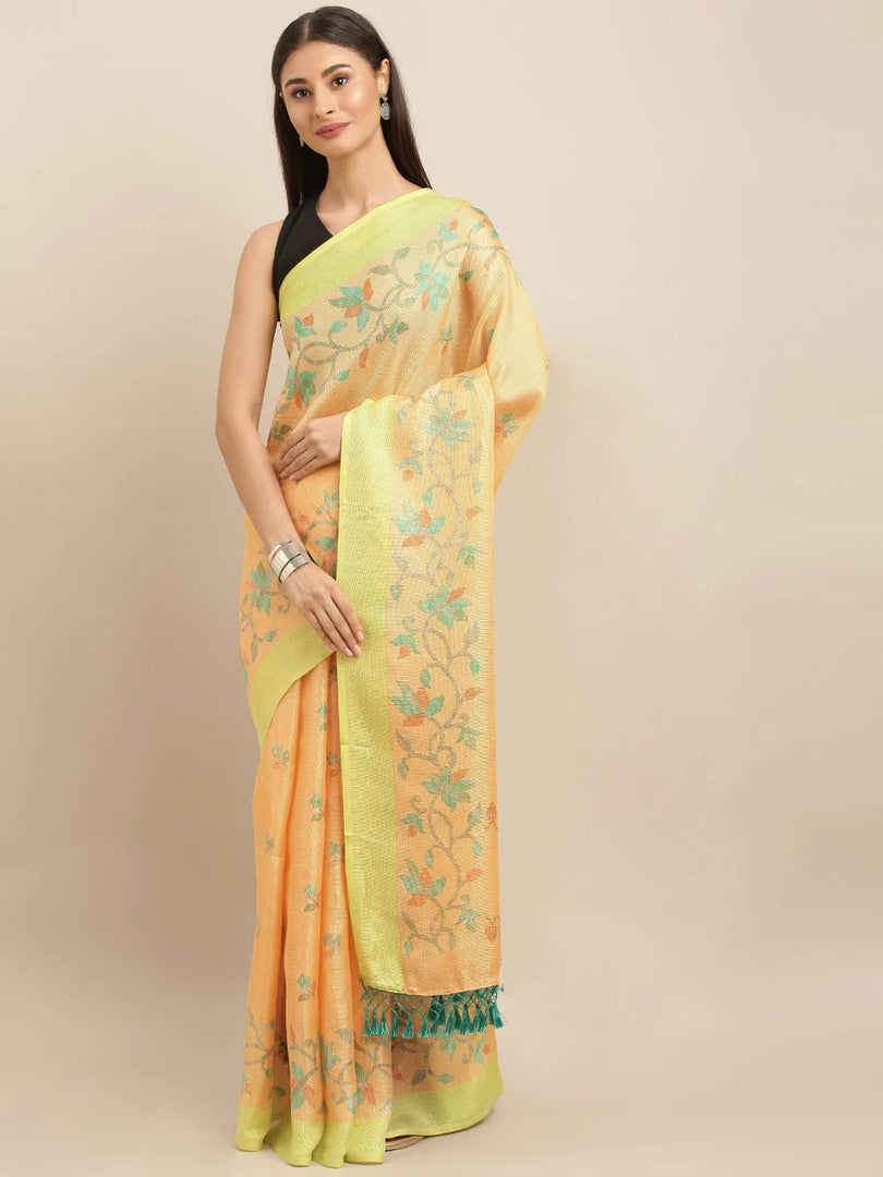 Jamdani Orange Colour Floral Print Solid Saree