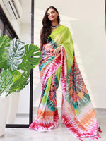 Load image into Gallery viewer, Tie dye Digital printed Satin Kota Doriya Designer Party Wear Saree in Lime Colour
