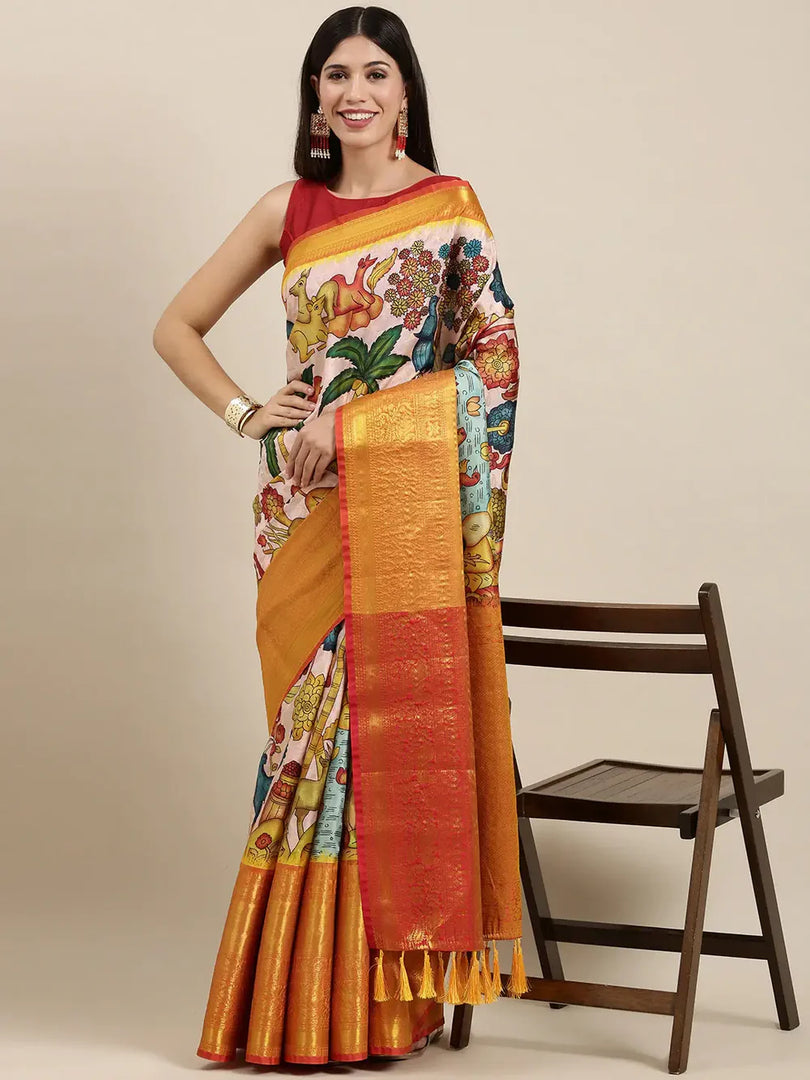 Designer Kalamkari Print Pattu Banarasi Silk Saree
